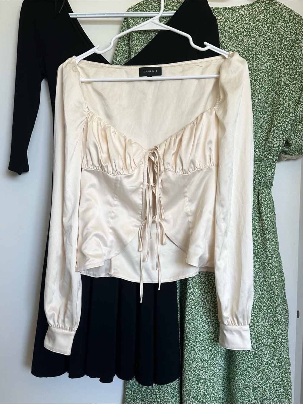 MAJORELLE Cream Satin Tie-Front Blouse